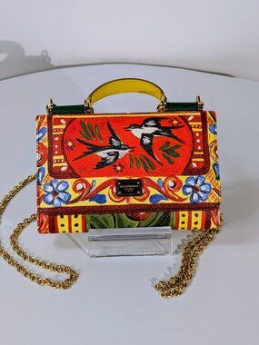Dolce & Gabbana Red Bird Motif Dauphine Leather Wallet on Chain